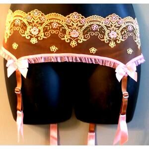 Elegant Pink Rose Brown Mesh Garter Belt Large XL Plus Valentine's Day Bridal